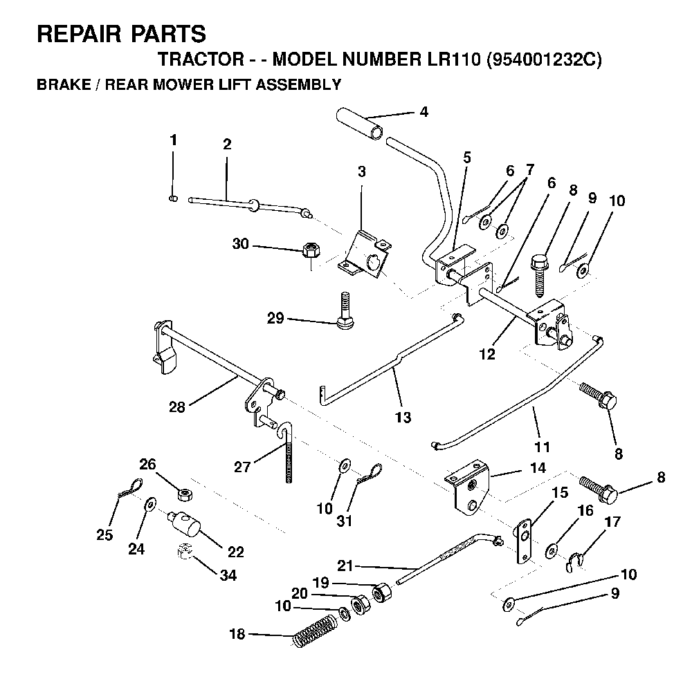 Brake / Rear Mower Lift Diagram and Parts List for LR110 (954001232C)(1995-08) Husqvarna Lawn Tractor