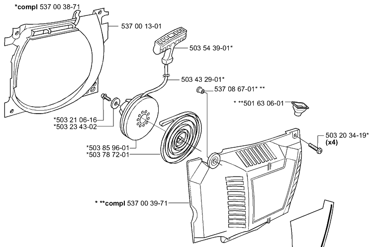 Starter Diagram and Parts List for 385 2001-04 Husqvarna Chainsaw