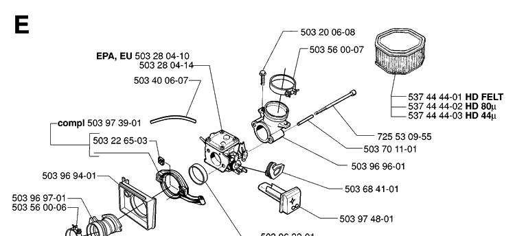 Carburetor And Air Filter Diagram and Parts List for 395XP/ (XPG)(20070100001-20102299999) Husqvarna Chainsaw