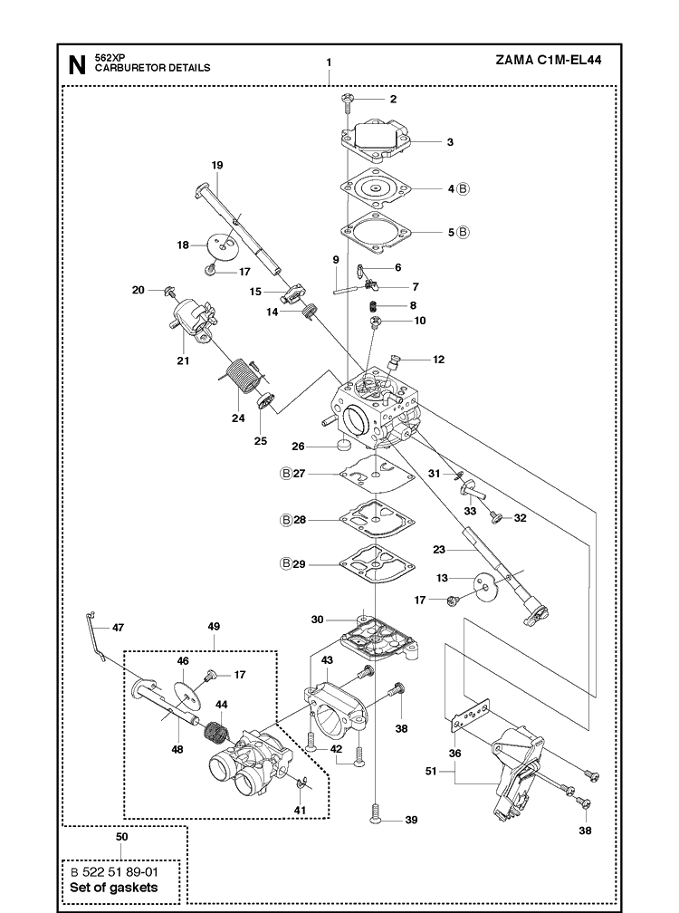 Carburetor Details Diagram and Parts List for 562XP 2011-06 Husqvarna Chainsaw