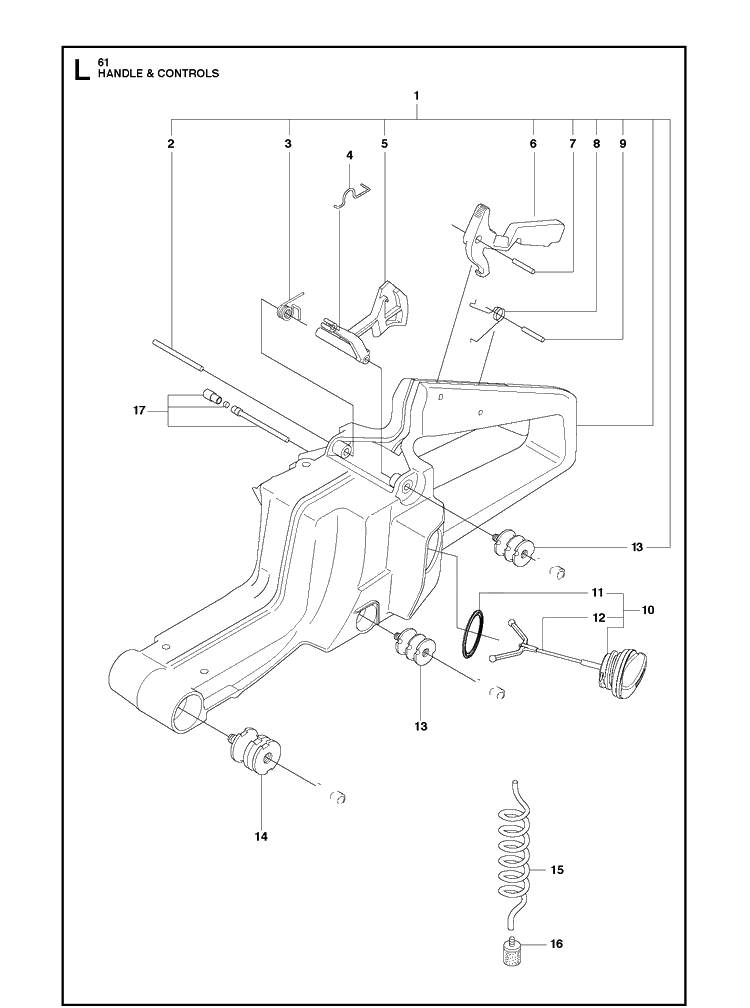 Handle And Controls Diagram and Parts List for 61  Husqvarna Chainsaw