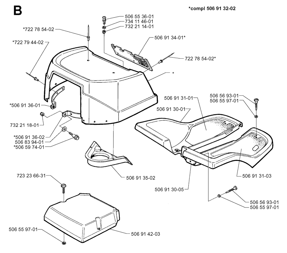 Hood Diagram and Parts List for R13 1998-09 Husqvarna Lawn Tractor
