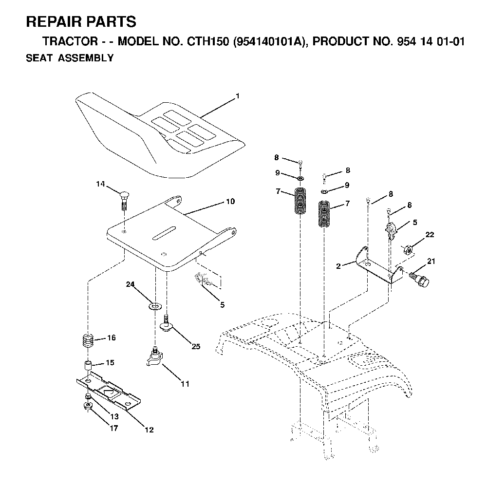 Seat Diagram and Parts List for CTH150 (954140101A)(1999-10) Husqvarna Lawn Tractor