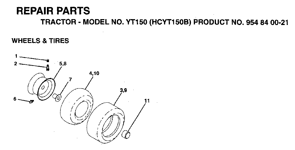 Wheels And Tires Diagram and Parts List for YT150 (HCYT150B, 954840021)(1996-04) Husqvarna Lawn Tractor