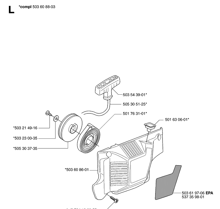 Starter Diagram and Parts List for 55 20070500001-Current Husqvarna Chainsaw