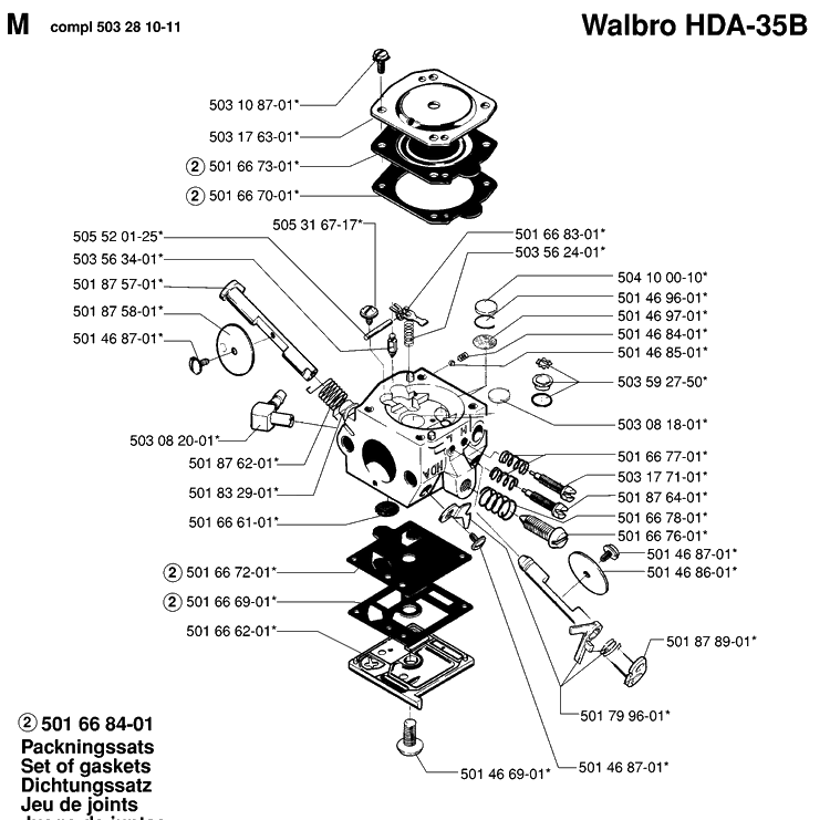 Carburetor Details Diagram and Parts List for 254 19960100001-19980900000 Husqvarna Chainsaw