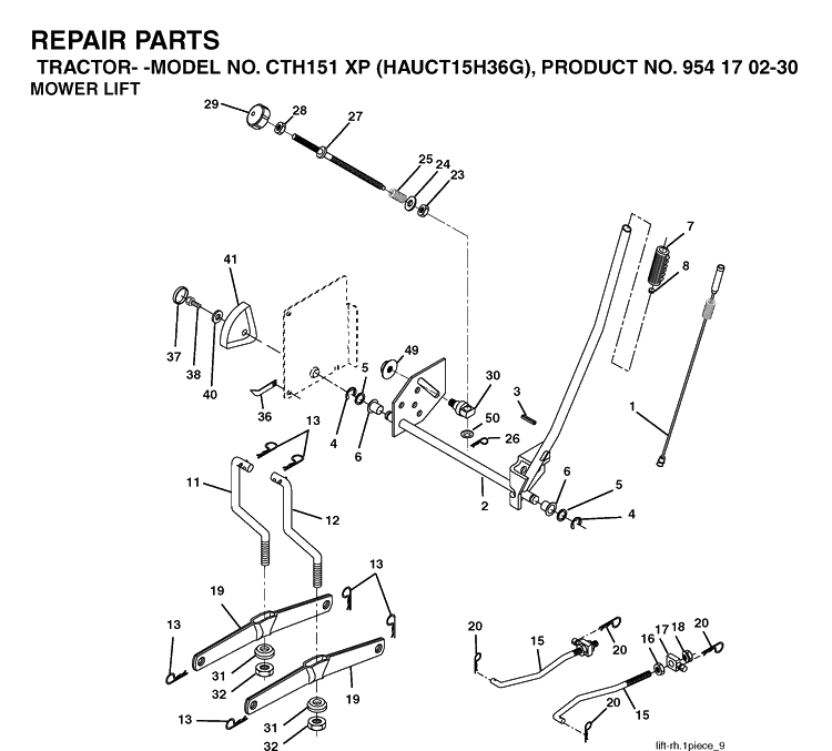 Mower Lift / Deck Lift Diagram and Parts List for CTH151XP (HAUCT15H36G)(2005-04) Husqvarna Lawn Tractor