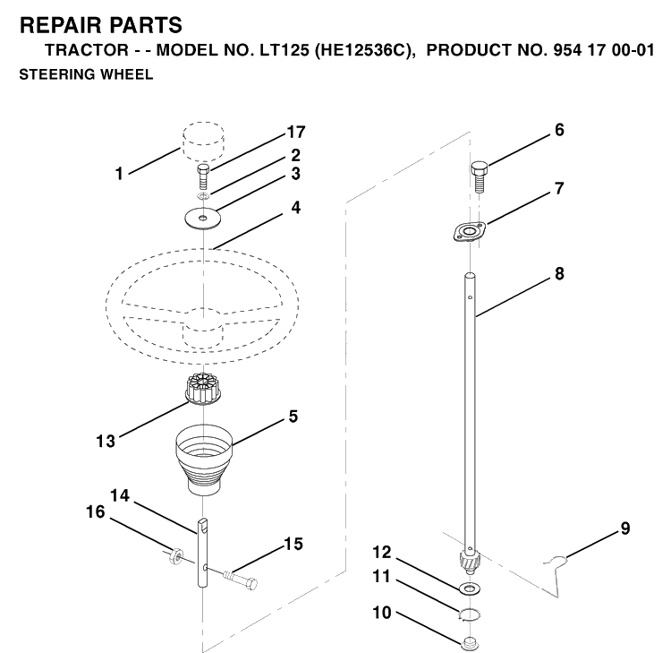 Steering Column Diagram and Parts List for LT125 (HE12536C)(1996-01) Husqvarna Lawn Tractor