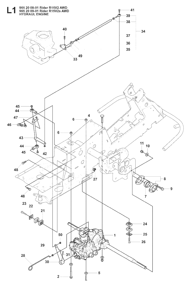 Hydraulic Pump - Motor Diagram and Parts List for RIDER15V2AWD (965200901)(2008-01) Husqvarna Lawn Mower
