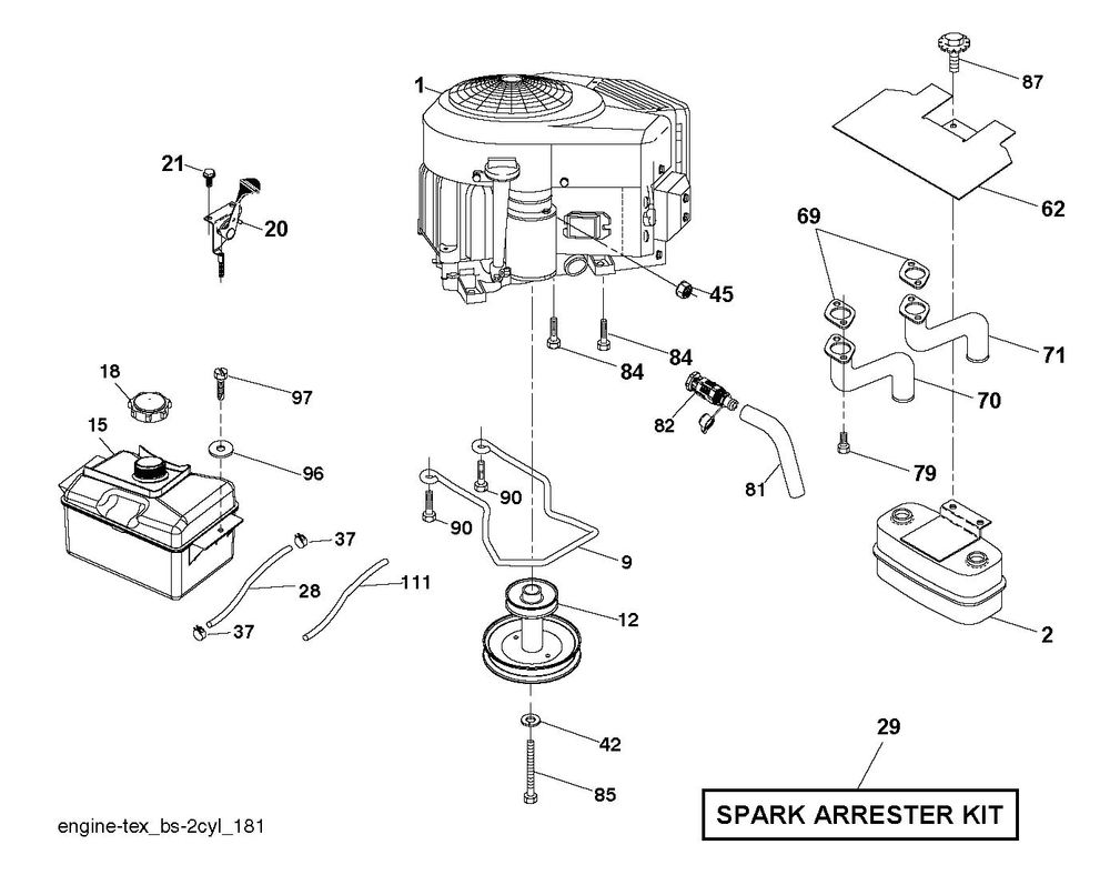 Engine Diagram and Parts List for YTH2042 2020 Husqvarna Lawn Tractor