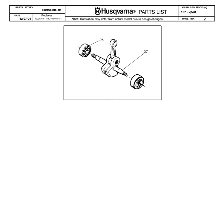 Crankshaft Diagram and Parts List for 137 20050100001-20064900000 Husqvarna Chainsaw
