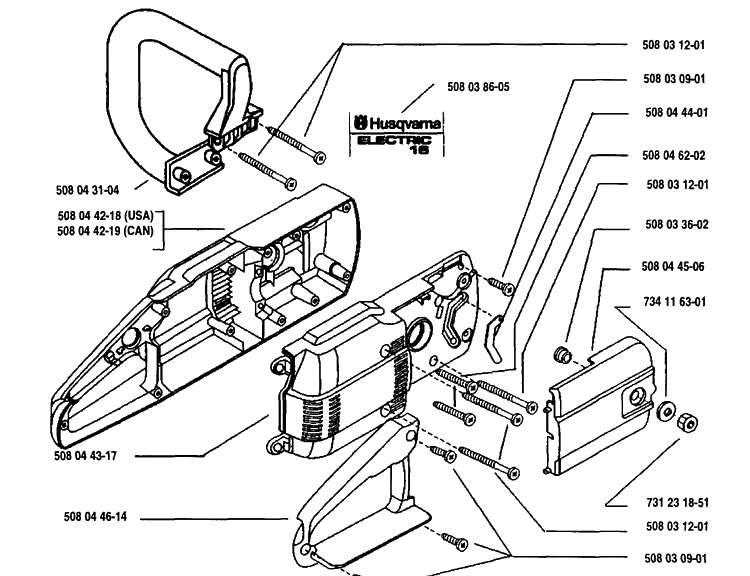 Motor Housing Assembly Diagram and Parts List for ELECTRIC16 1993-05 Husqvarna Chainsaw