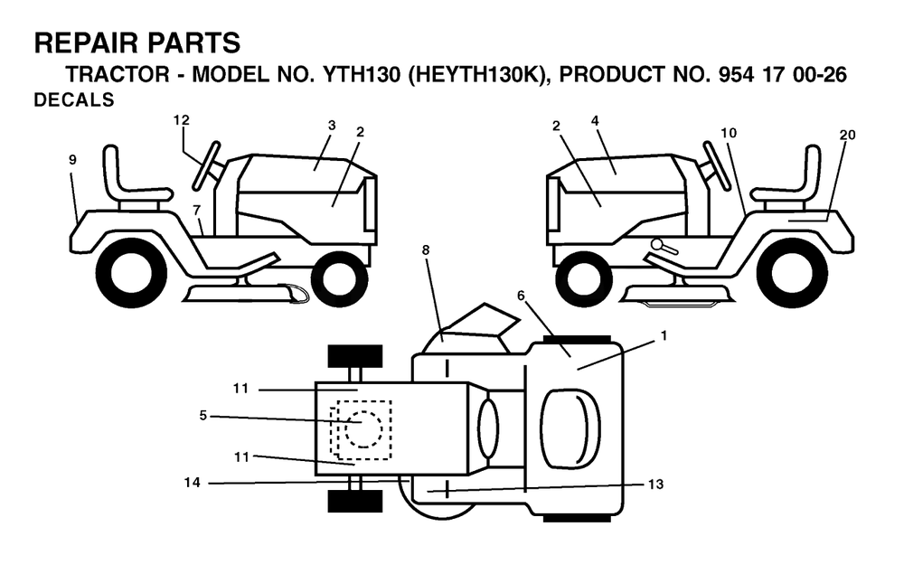 Decals Diagram and Parts List for YTH130 (954170026-K)(2001-01) Husqvarna Lawn Tractor