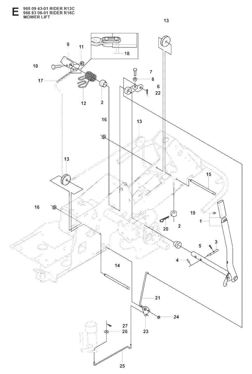 Mower Lift / Deck Lift Diagram and Parts List for R13C (965094301)(2008-04) Husqvarna Lawn Tractor