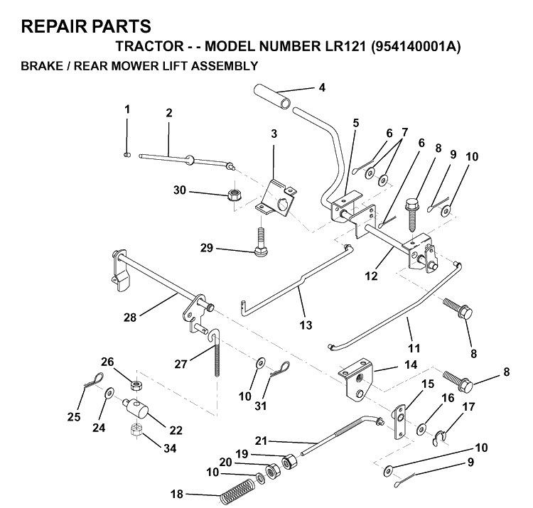Brake / Rear Mower Lift Diagram and Parts List for LR121 (954140001A)(1997-01) Husqvarna Lawn Tractor