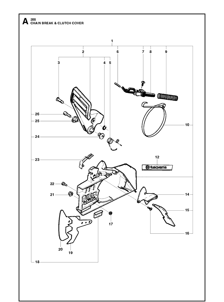 Chain Brake And Clutch Cover Diagram and Parts List for 288XP  Husqvarna Chainsaw