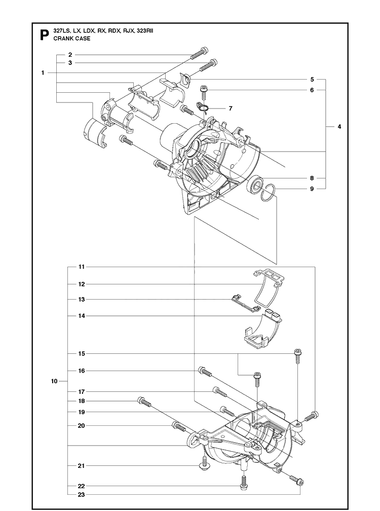 Crankcase Diagram and Parts List for 327LDX 20120100001-Current Husqvarna Edger