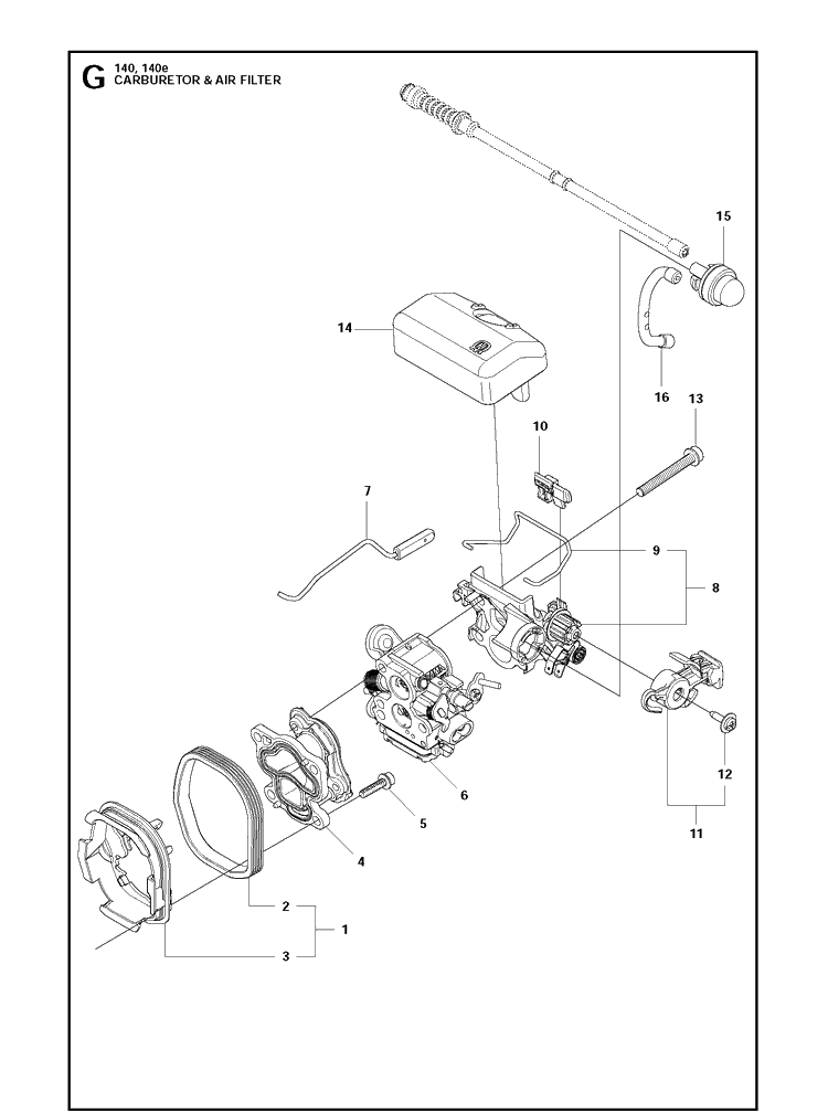 Carburetor And Air Filter Diagram and Parts List for 140E  Husqvarna Chainsaw