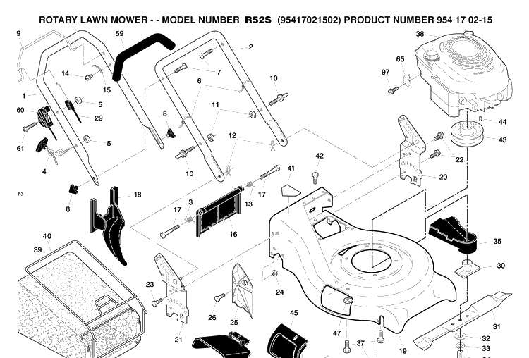 Frame And Engine Diagram and Parts List for R52S (95417021502)(2005-08) Husqvarna Lawn Mower
