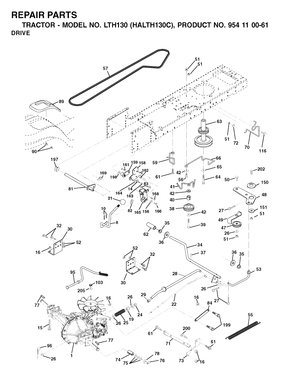 Drive Diagram and Parts List for LTH130 (954110061-C)(2003-01) Husqvarna Lawn Tractor