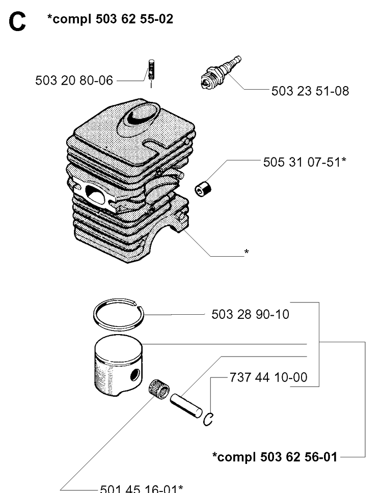Cylinder Piston Diagram and Parts List for 49 19960100001-19981800000 Husqvarna Chainsaw