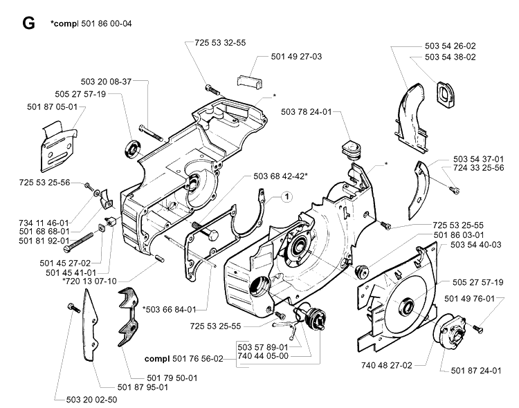 Crankcase Diagram and Parts List for 257 20013500001-Current Husqvarna Chainsaw