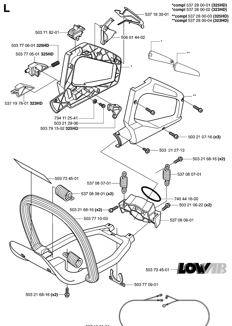 Handle And Controls Diagram and Parts List for 323HD60 20022200001-20062300000 Husqvarna Hedge Trimmer