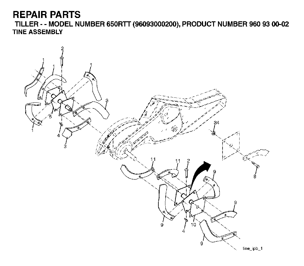 Tine Assembly Diagram and Parts List for 650RTT (96093000200)(2005-08) Husqvarna Tiller