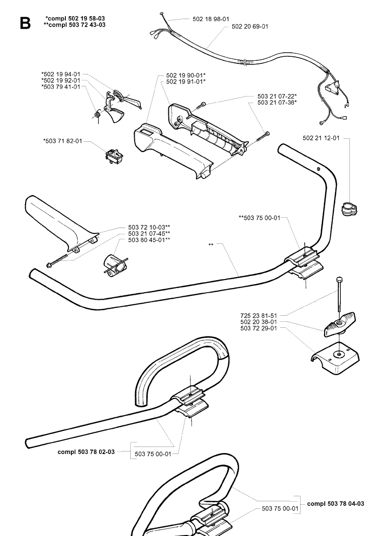 Handle And Controls Diagram and Parts List for 225L 19970500001-20004000000 Husqvarna Edger