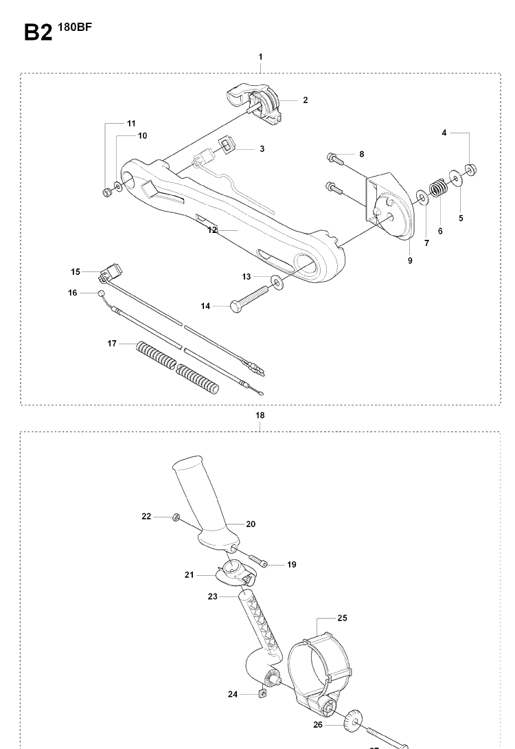 Handle And Controls Diagram and Parts List for 180BF 20084000001-Current Husqvarna Leaf Blower / Vacuum