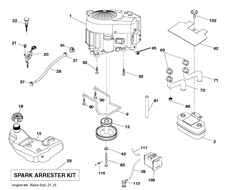 Engine Diagram and Parts List for YTH18K42 (96043025100)(2017-09) Husqvarna Lawn Tractor