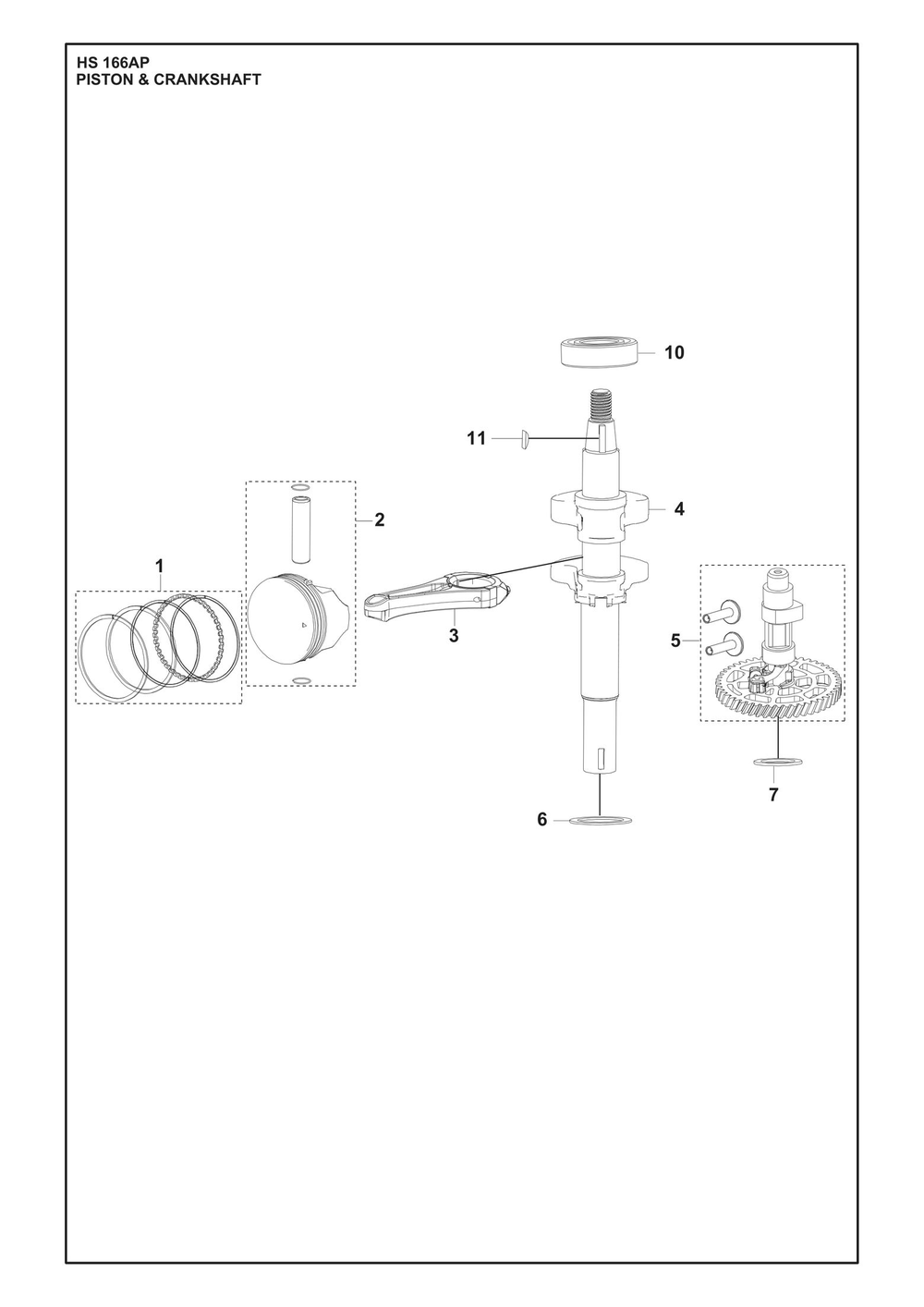 Piston And Crankshaft Diagram and Parts List for HS166AP  Husqvarna Engine