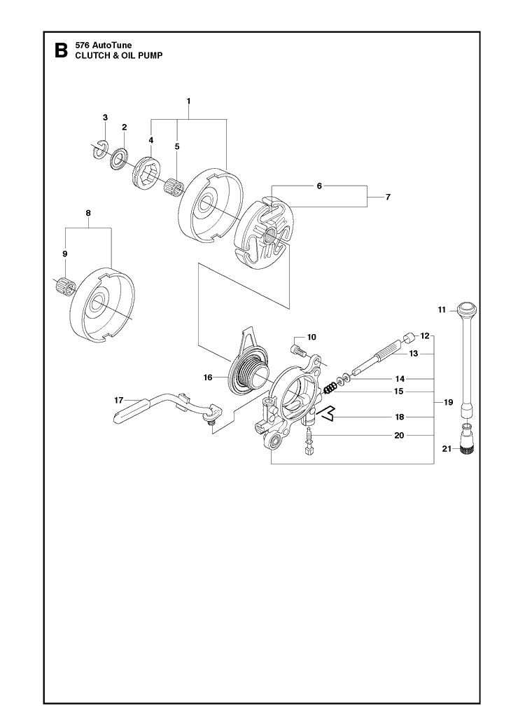 Clutch And Oil Pump Diagram and Parts List for 576XP 20130900001-Current Husqvarna Chainsaw