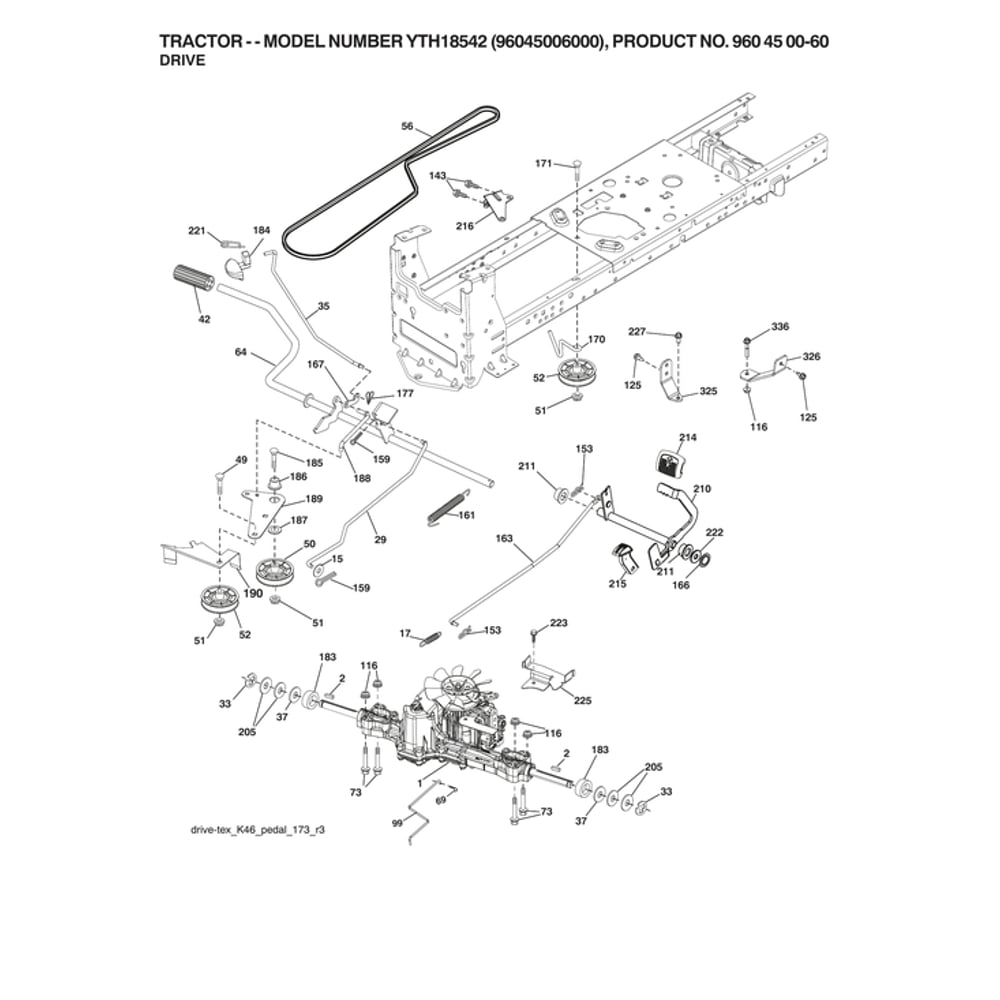 Drive Diagram and Parts List for 96045006000  Husqvarna Lawn Tractor