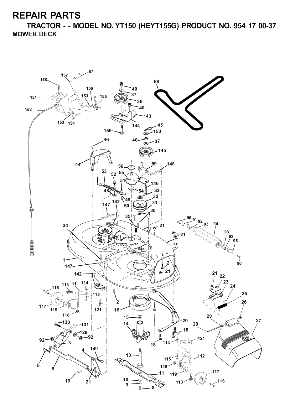 Mower Deck / Cutting Deck Diagram and Parts List for YT150 (954170037-G)(2001-01) Husqvarna Lawn Tractor