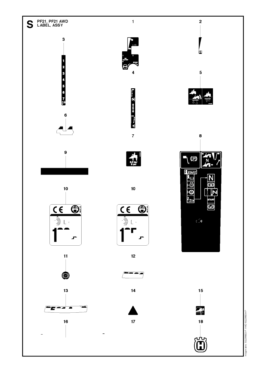 Decals Diagram and Parts List for PF21AWD (965192501)(2011-03) Husqvarna Lawn Tractor