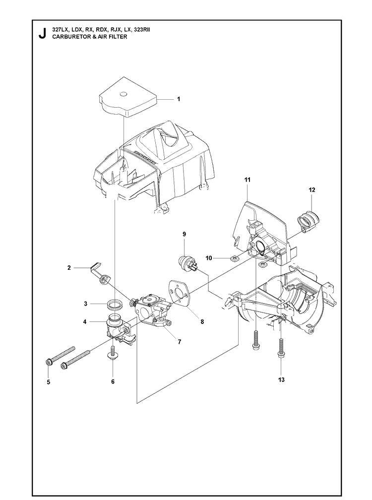 Carburetor And Air Filter Diagram and Parts List for 327LDX 20120100001-Current Husqvarna Edger