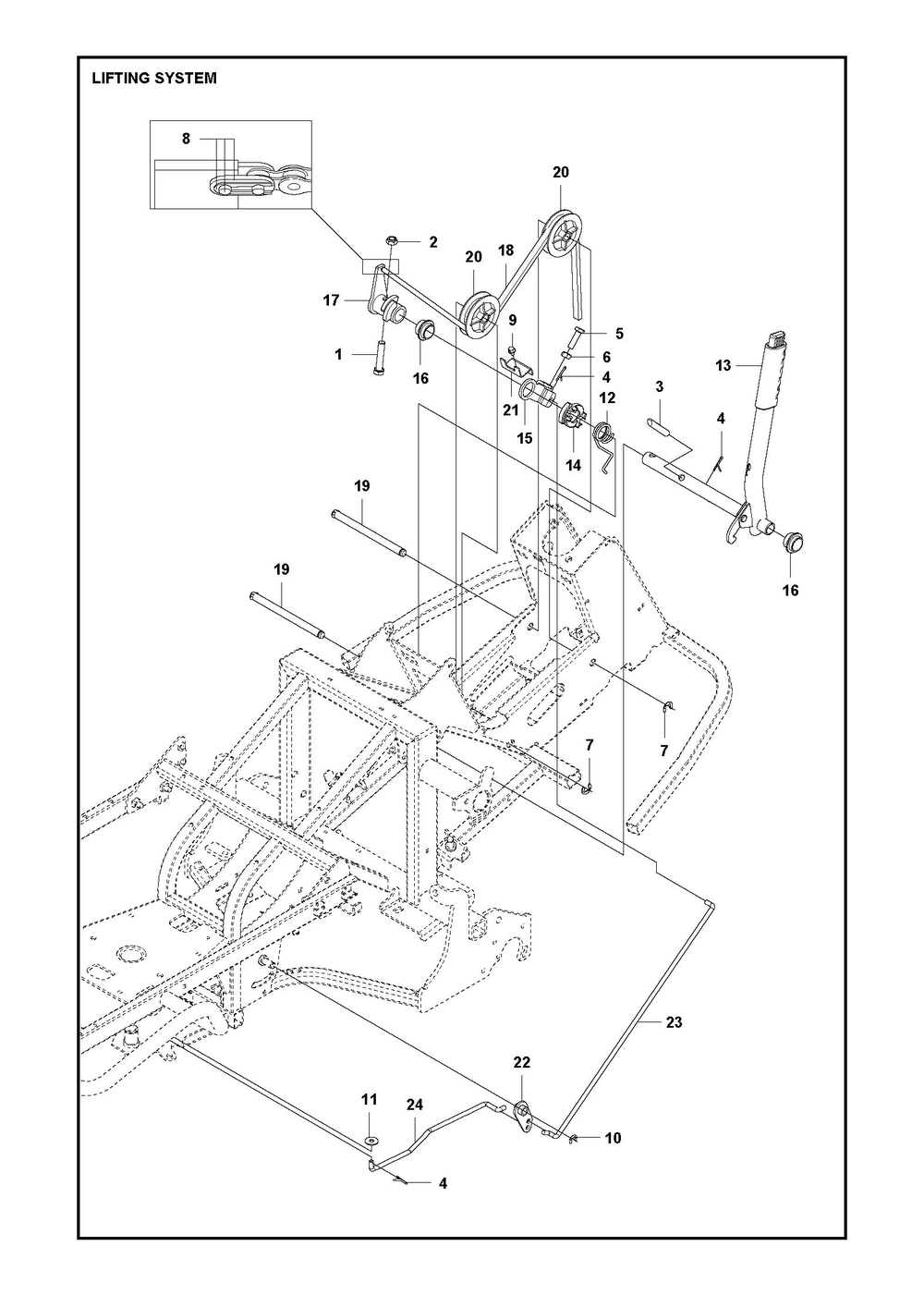 Mower Lift / Deck Lift Diagram and Parts List for RC320TSAWD 2023 Husqvarna Lawn Tractor