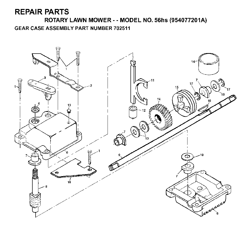 Gear Case Diagram and Parts List for 56HS (954077201A)(1995-10) Husqvarna Lawn Mower