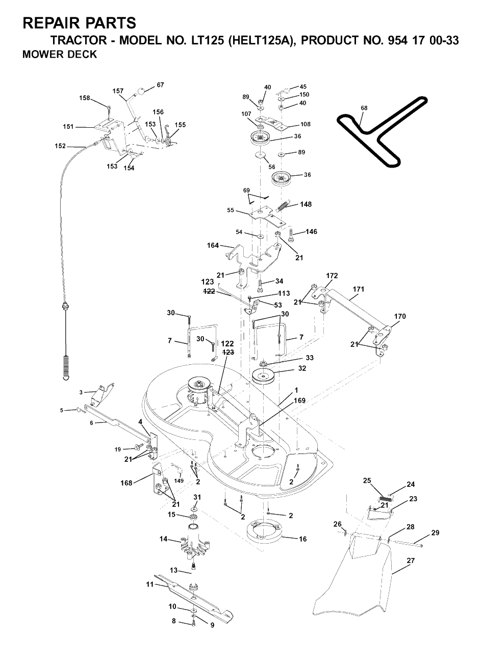 Mower Deck / Cutting Deck Diagram and Parts List for LT125 (954170033-A)(2001-01) Husqvarna Lawn Tractor