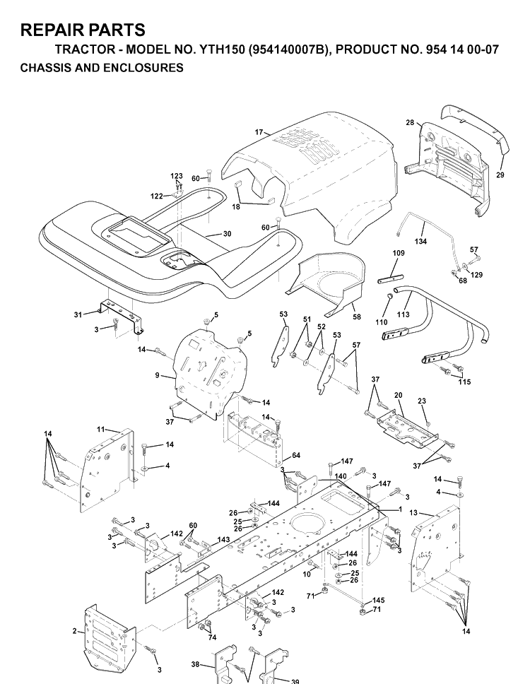 Chassis And Enclosures Diagram and Parts List for YTH150 (954140007B)(1997-01) Husqvarna Lawn Tractor