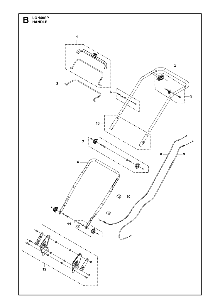 Handle Diagram and Parts List for LC140SP 970488201 Husqvarna Lawn Mower