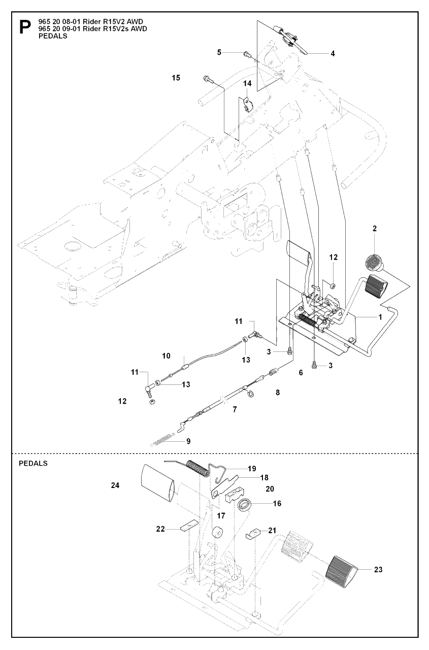 Pedals Diagram and Parts List for R15-V2AWD 2008-01 Husqvarna Lawn Tractor