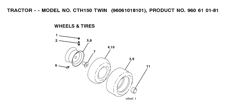 Wheels And Tires Diagram and Parts List for CTH150 (96061018101)(2008-07) Husqvarna Lawn Tractor