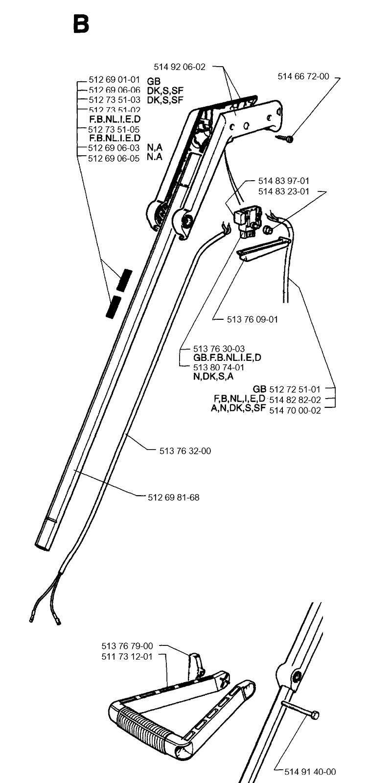 Shaft And Handle Diagram and Parts List for 19953200001-19961400000  Husqvarna Trimmer