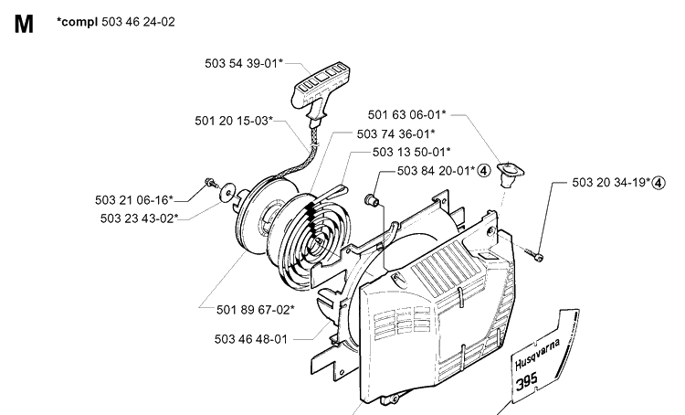 Starter Diagram and Parts List for 395XP/ (XPG)(20010100001-20034000000) Husqvarna Chainsaw