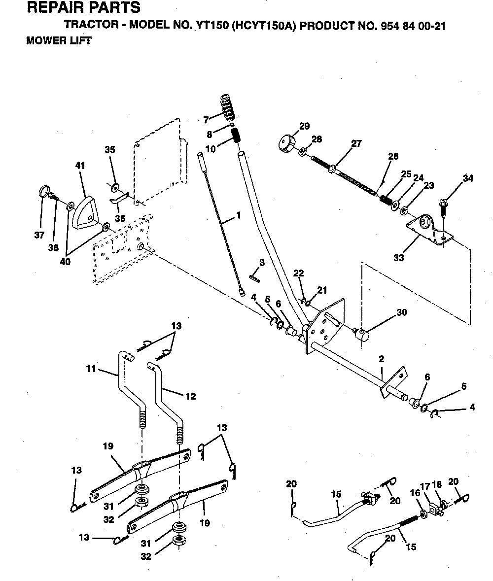 Mower Lift / Deck Lift Diagram and Parts List for YT150 (HCYT150A, 954840021)(1996-01) Husqvarna Lawn Tractor