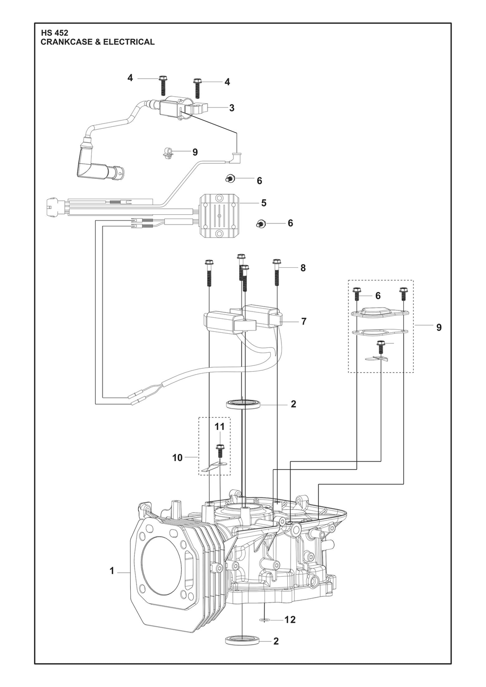 Crankcase And Electrical Diagram and Parts List for HS452  Husqvarna Engine