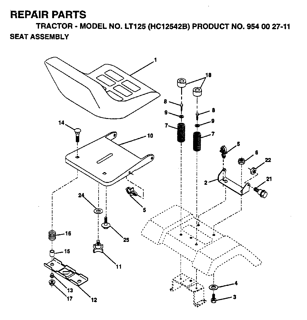 Seat Diagram and Parts List for LT125 (HC12542B, 954002711)(1995-01) Husqvarna Lawn Tractor