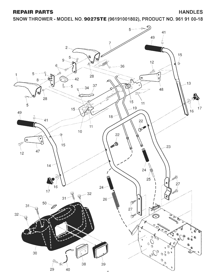 Handle Diagram and Parts List for 9027STE (96191001802)(2007-10) Husqvarna Snow Blower